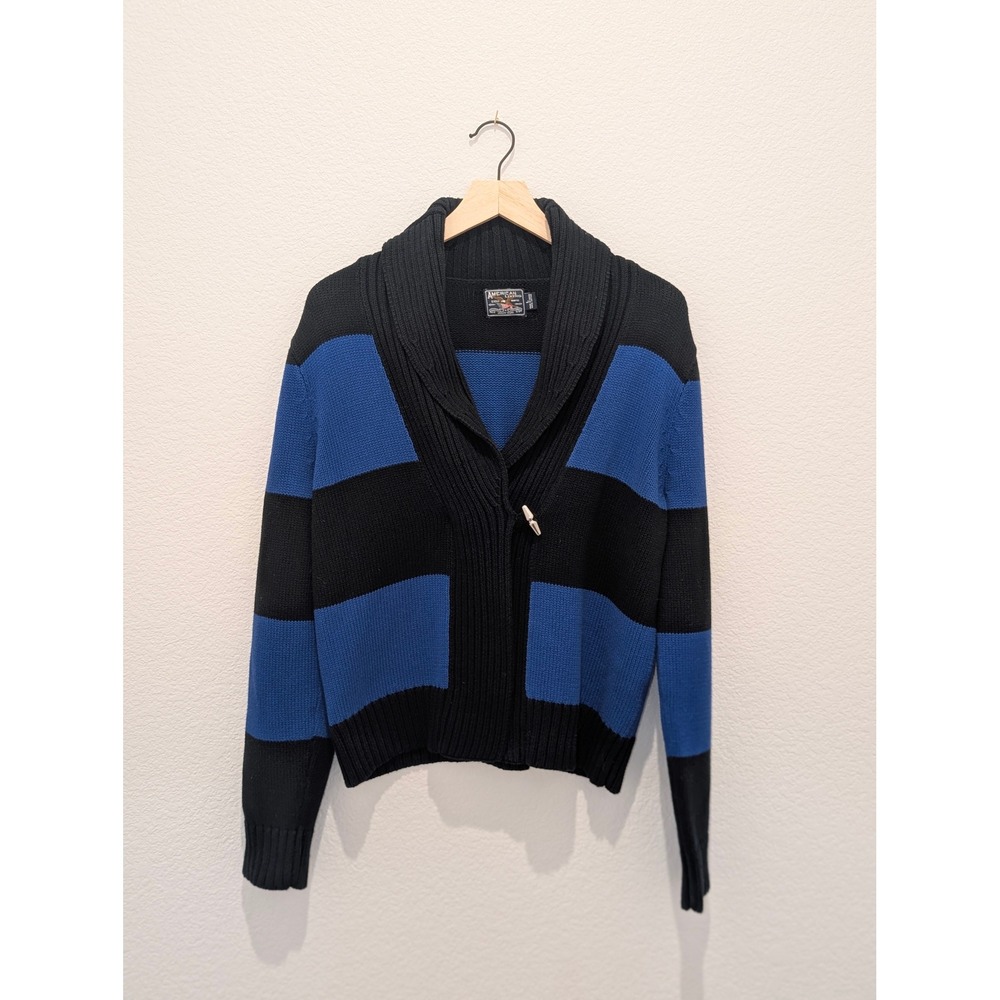 American Living Shawl Collar Toggle Cardigan Sweater Blue Black Striped L